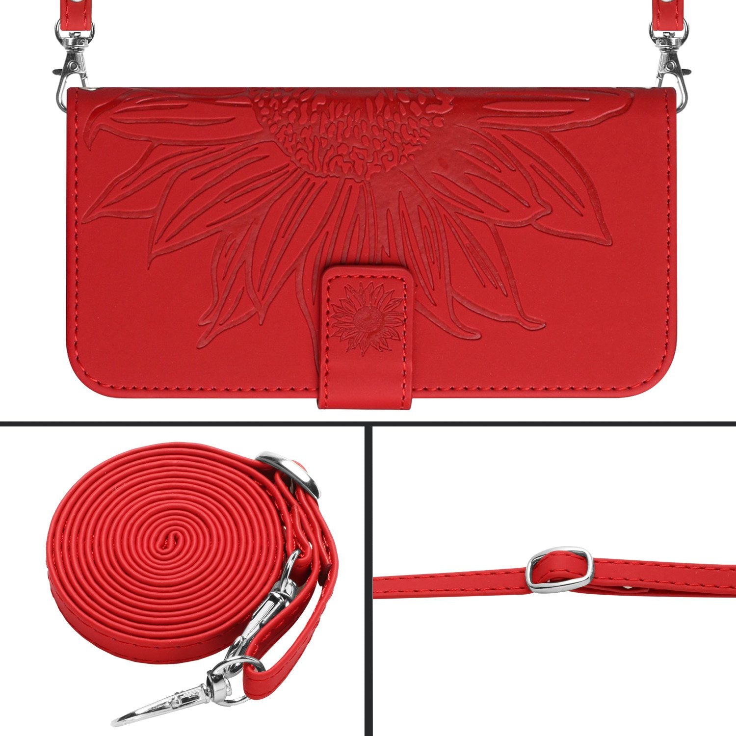 HT04 For Oppo A59 5G Case Imprinted Sunflower Pattern Crossbody Leather Phone Cover - Red HT04 For Oppo A59 5G Case Imprinted Sunflower Pattern Crossbody Leather Phone Cover - Red